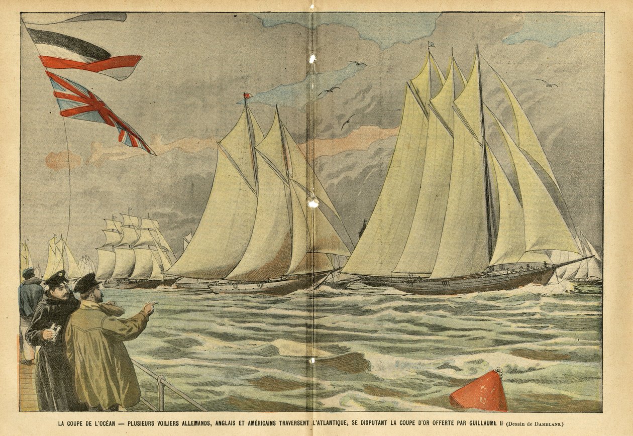 La copa del océano. Varios veleros alemanes, ingleses y americanos cruzan el Atlántico, compitiendo por la copa de oro ofrecida por Guillermo II de Eugene Damblans