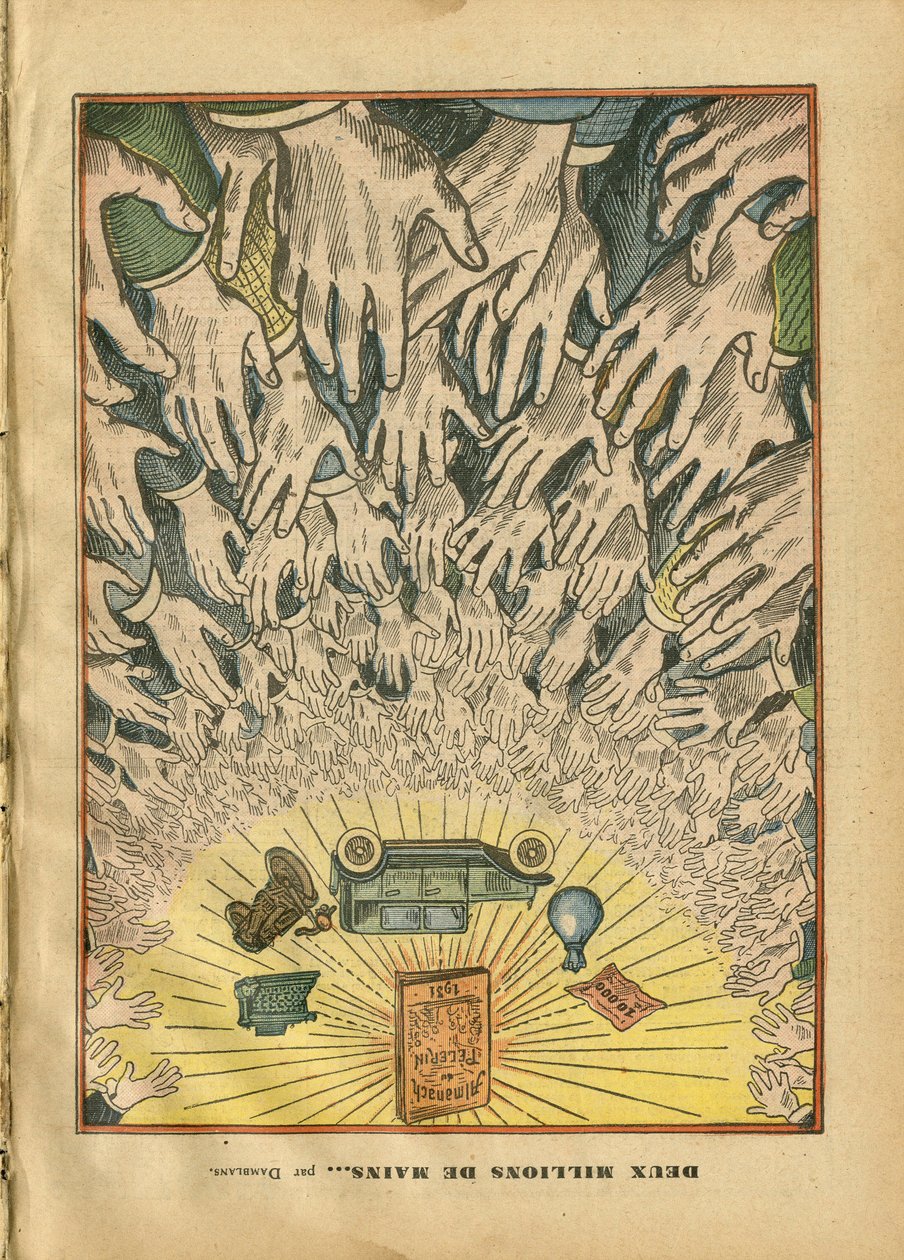 Ilustración de Eugene Damblans (1865-1945) en Le Pelerin, 28/09/30 - Dos millones de manos - Prensa/Medios, Automóvil, Fe religiosa, Pelerin (Almanaque), Catolicismo de Eugene Damblans