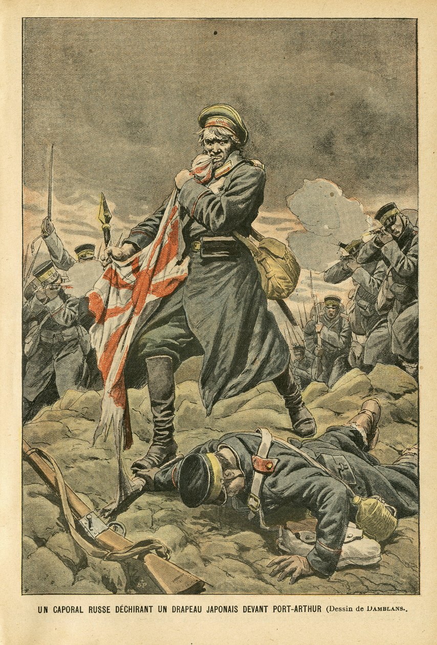 Ilustración de Eugene Damblans (1865-1945) en Le Pelerin, 01/01/05 - Un cabo ruso rasgando una bandera japonesa frente a Port Arthur - Rusia, Japón, Port Arthur, Guerra Ruso-Japonesa, Combate, Fusiles - Soldados, Cabo de Eugene Damblans