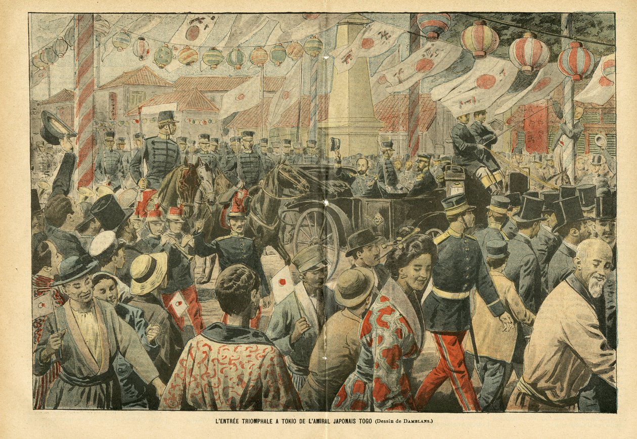 Ilustración de Eugene Damblans (1865-1945) en Le Pelerin, 05/11/05 - La entrada triunfal a Tokio del almirante japonés Togo - Ejército, Japón, Multitud, Tokio - Almirante Almirantes, Togo Heihachiro (1848-1934), Civiles de Eugene Damblans