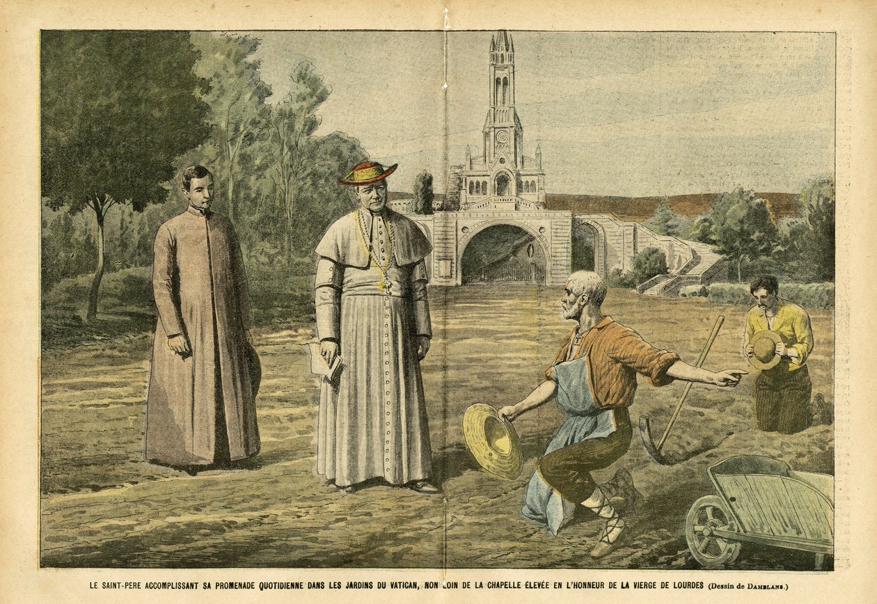 Ilustración de Eugene Damblans (1865-1945) en Le Pelerin, 20/08/05 - El Santo Padre realizando su paseo diario en los jardines del Vaticano, no lejos de la capilla levantada en honor de la Virgen de Lourdes - Religión Fe, Agricultura, Vaticano, Católico de Eugene Damblans