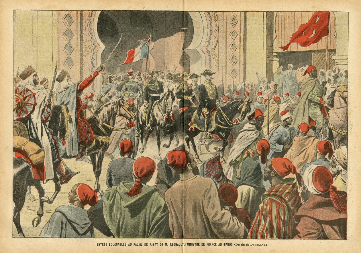Ilustración de Eugene Damblans (1865-1945) en Le Pelerin, 20/10/07 - Entrada solemne al Palacio de Rabat por el Sr. Regnault, Ministro de Francia en Marruecos - Colonización, Arquitectura Urbanística, Marruecos, Visita Oficial de Eugene Damblans