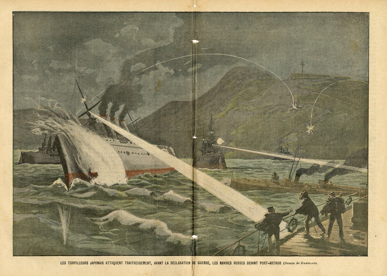 Ilustración de Eugene Damblans (1865-1945) en Le Pelerin, 21/02/04 - Ataque de torpedos japoneses a barcos rusos antes de la declaración de guerra - Rusia, Japón, Marina Marítima Costera, Port Arthur, Guerra ruso-japonesa, Buques de guerra de Eugene Damblans