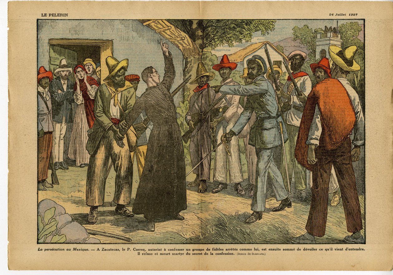 Ilustración de Eugene Damblans (1865-1945) en Le Pelerin, 24/07/27 - Persecuciones en México - Religión Fe, Revolución, México, Catolicismo - Confesional Confesión - Curas de Eugene Damblans