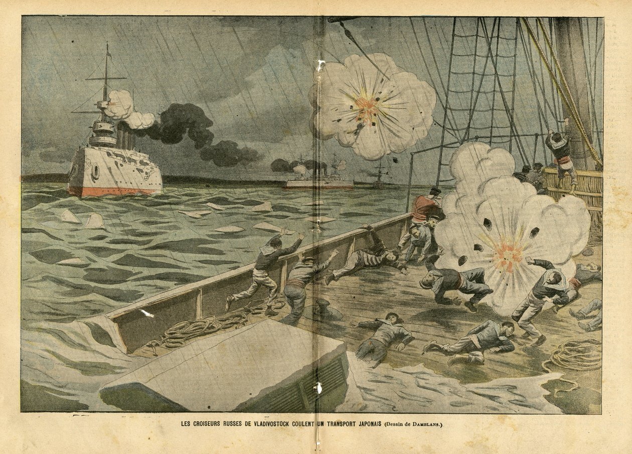 Ilustración de Eugene Damblans (1865-1945) en Le Pelerin, 28/02/04 - Los cruceros rusos de Vladivostok hunden un transporte japonés - Ejército, Marina Marítima, Guerra Ruso-Japonesa, Buques de Guerra, Vladivostok - Marineros de Eugene Damblans