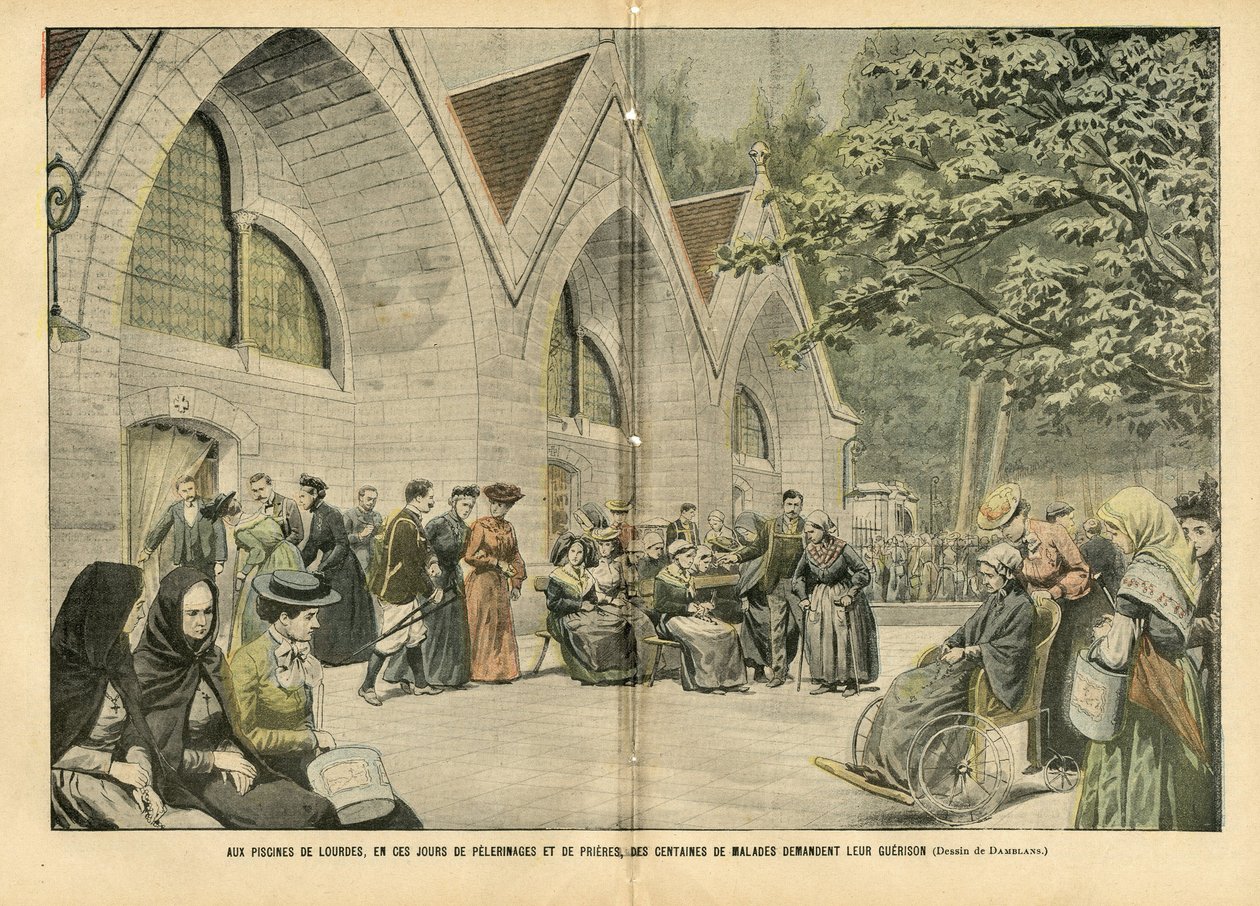 Ilustración de Eugene Damblans (1865-1945) en Le Pelerin, 28/08/04 - En las piscinas de Lourdes, en estos días de peregrinaciones y oraciones, cientos de pacientes piden por su guerra - Medicina, Fe Religiosa, Arquitectura Urbanística, Catolicismo de Eugene Damblans
