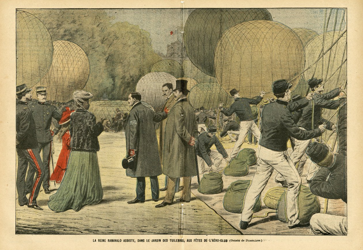 Ilustración de Eugene Damblans (1865-1945) en Le Pelerin, 29/10/05 - La reina Ranavalo asiste, en el Jardín de las Tullerías, a la fiesta del Aero-Club - Globos dirigibles zeppelines aerostación, París, Madagascar, Jardín Público, Soberanos Extranjeros, Tu de Eugene Damblans
