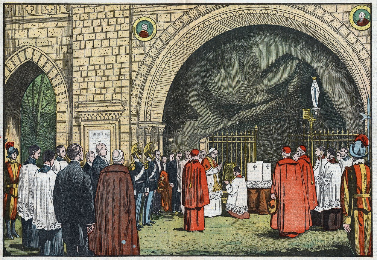 Frente a la "Gruta de Lourdes", en los jardines del Vaticano, el Papa Pío XI bendijo la primera piedra del Colegio de Propaganda que se levantaría en el Janículo. Ilustración de Damblans. En "Le Pelerin" del 3 de junio de Eugene Damblans