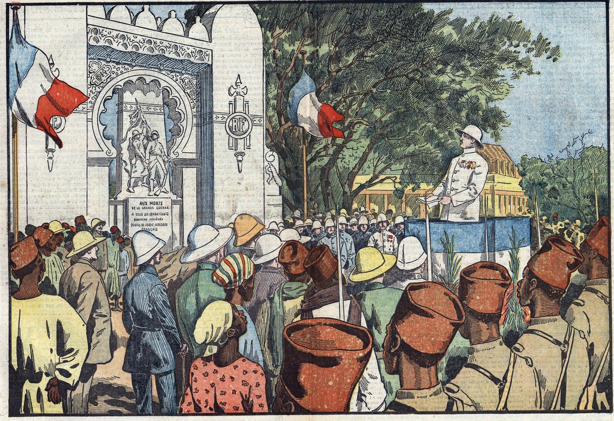 Inauguración en Dakar, por André Maginot (1877-1932), Ministro de Colonias, del monumento a los treinta mil muertos de África Occidental Francesa. Ilustración de Damblans. En "Le Pelerin" del 10 de marzo de Eugene Damblans