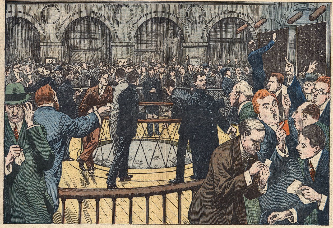 Vista interna de la Bolsa de París. Ilustración de Damblans. En "Le Pelerin" del 5 de diciembre de Eugene Damblans