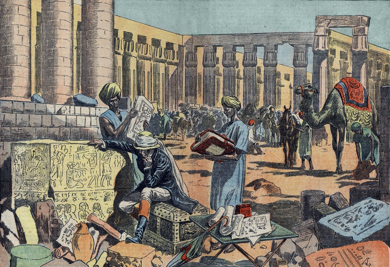 Jean Francois Champollion (1790-1832), egiptólogo francés, estudiando una inscripción entre las columnatas de Tebas. Grabado de 1923. Dibujo de Damblans de Eugene Damblans