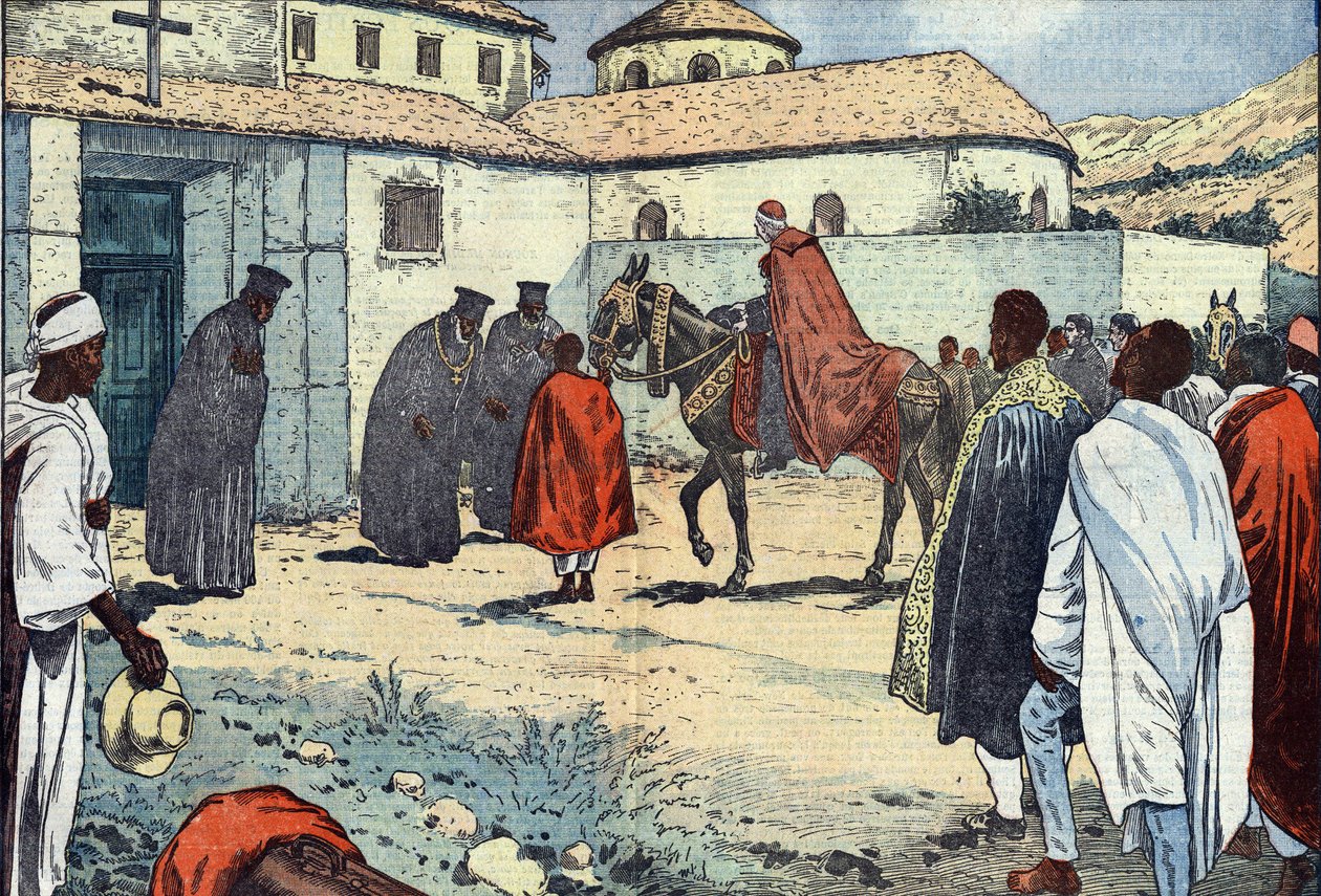 Monseñor Lepicier de la Orden de los Servitas de María, Arzobispo de Tarso, fue recibido en el monasterio copto de Debre-Bizen con motivo de una visita apostólica a Abisinia (Etiopía). Ilustración de Damblans. En “Le Pèlerin” del 21 de agosto de Eugene Damblans