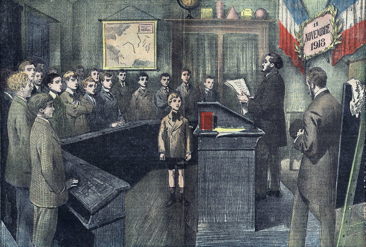 Noviembre de 1923: en cada comuna de Francia el maestro de escuela leía, el día antes del armisticio, los nombres de los habitantes caídos en el campo de honor y cada alumno respondía “Muerte por Francia”. Dibujo de Damblans de 1923 de Eugene Damblans