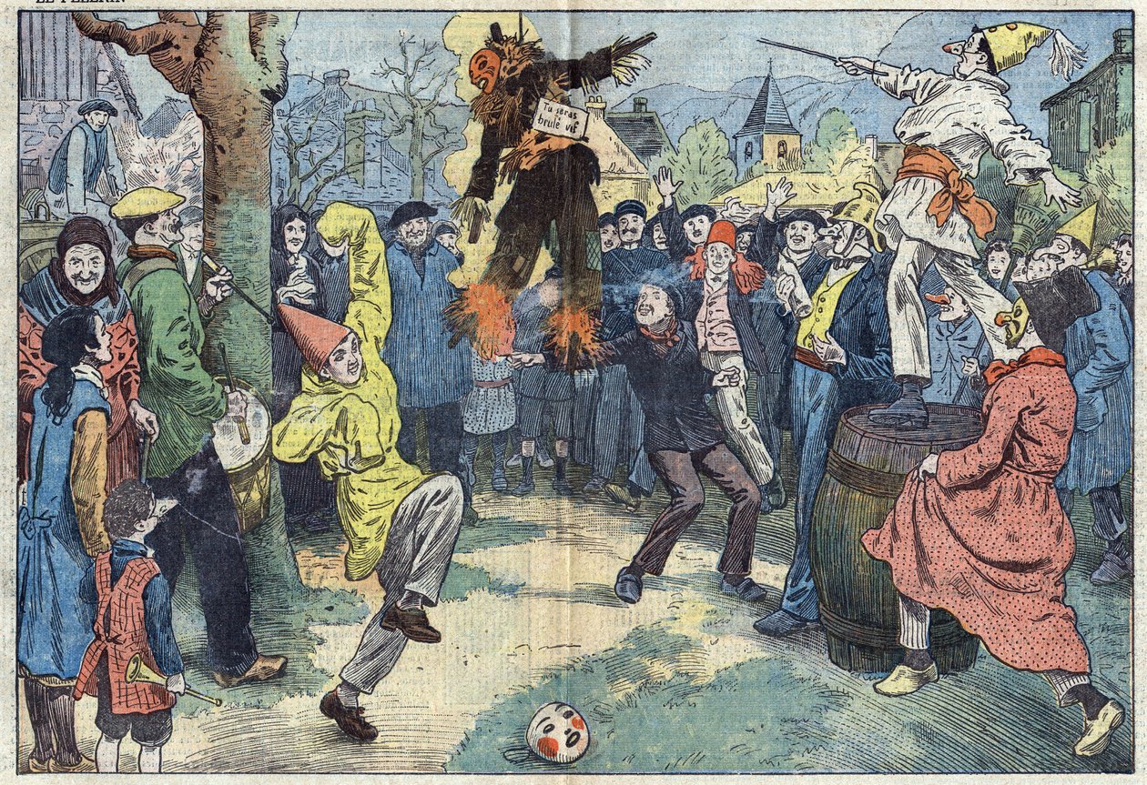 Costumbres antiguas: la cremación del "Carnaval", en la noche del Mardi Gras, representa los placeres y bienes más queridos abandonados al umbral de la Cuaresma. Ilustración de Damblans. En "Le Pelerin" del 16 de marzo. de Eugene Damblans