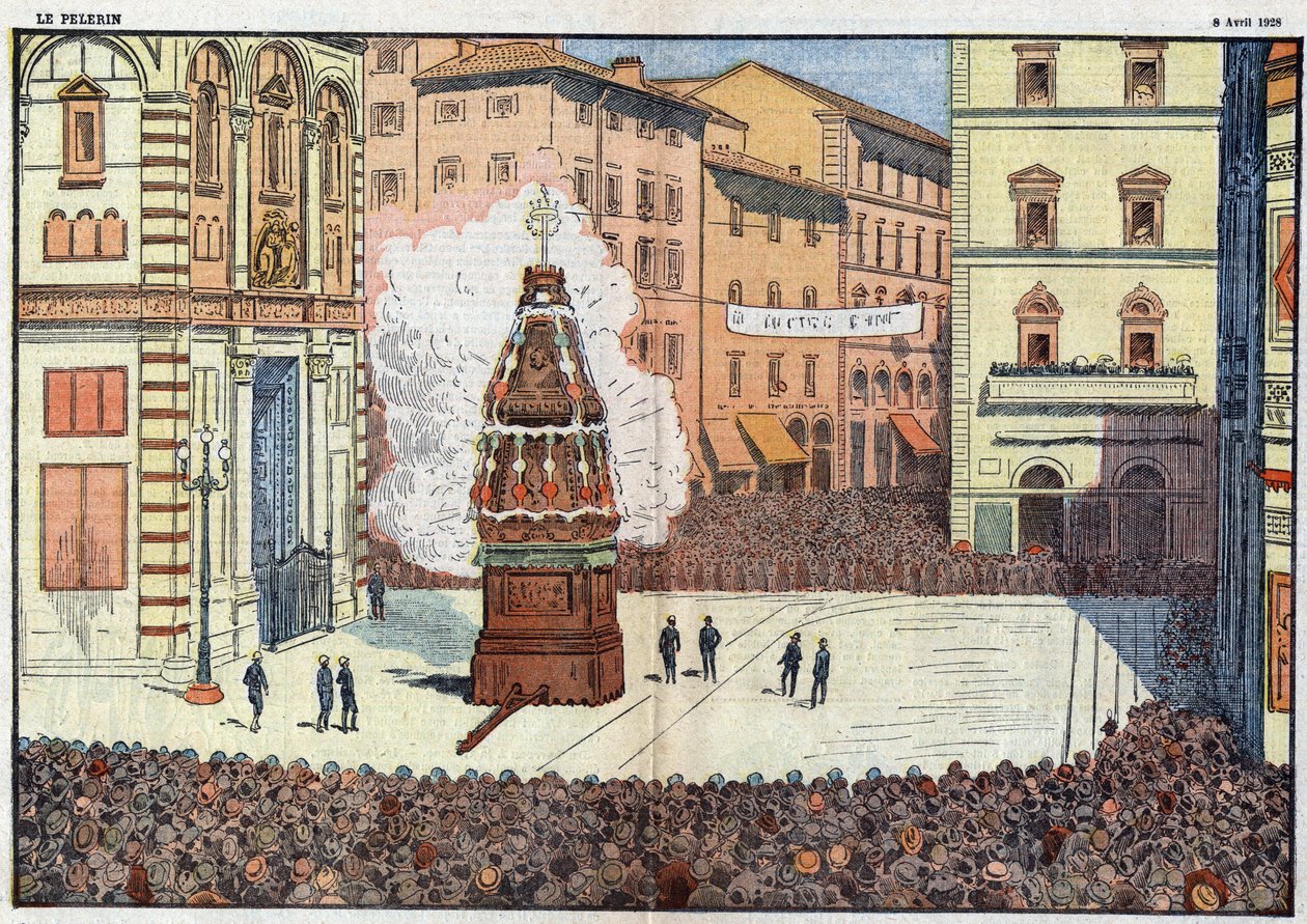 Scoppio del Carro (explosión del carro) evento popular de la ciudad de Florencia - ilustración de Damlans de abril de 1928 de Eugene Damblans