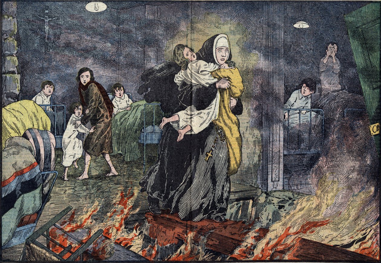 Hermana Marie Gabrielle (Marie-Gabrielle) rescatando a un niño durante el incendio del orfanato de Bernards Ville (Bernards-Ville), en los Estados Unidos. Ilustración de Damblans en "el Pelerin" del 27 de noviembre de Eugene Damblans