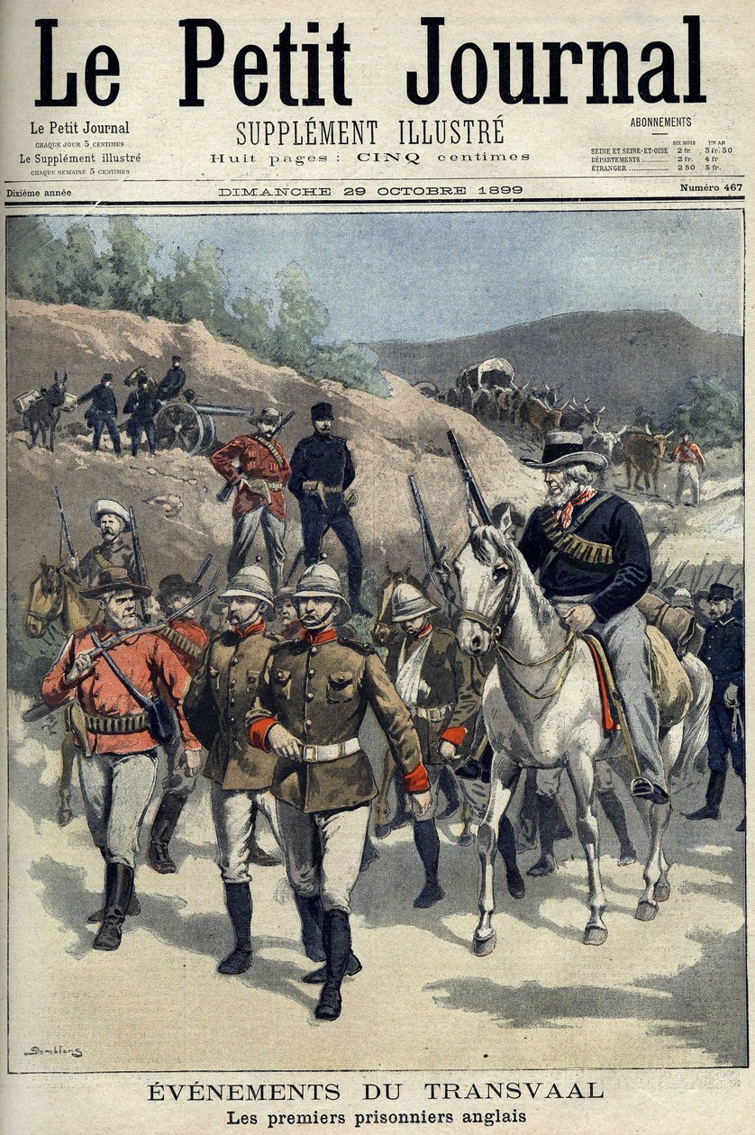 Sudáfrica - Guerra de los Bóers. Eventos en Transvaal. Primeros prisioneros ingleses capturados por los bóers. Dibujo de Damblans. "Le Petity Journal", 29 de octubre de Eugene Damblans