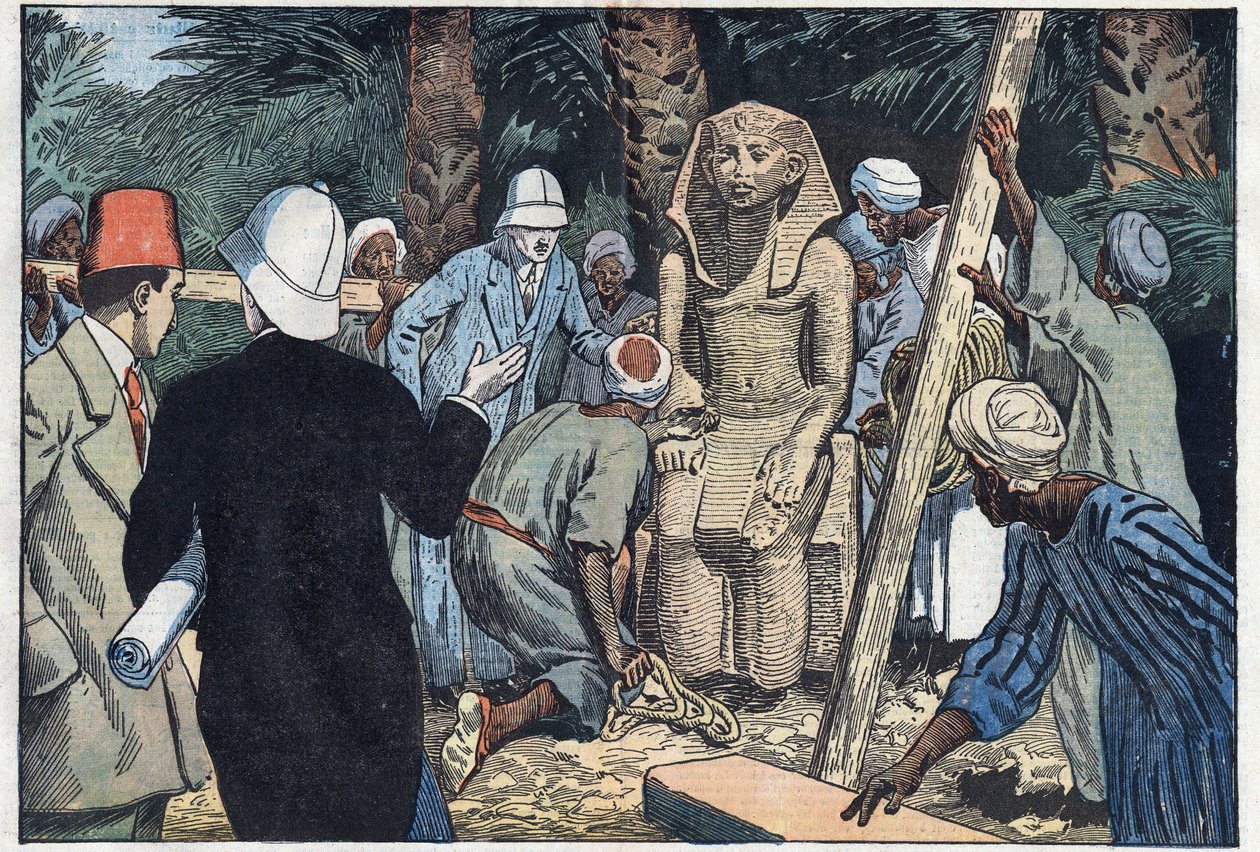 La misión arqueológica francesa descubre una estatua de Sesostris III adolescente que será llevada al Louvre. Medamud, antigua Tebas, Egipto. Ilustración de Damblans. En "Le Pèlerin" del 22 de noviembre de Eugene Damblans