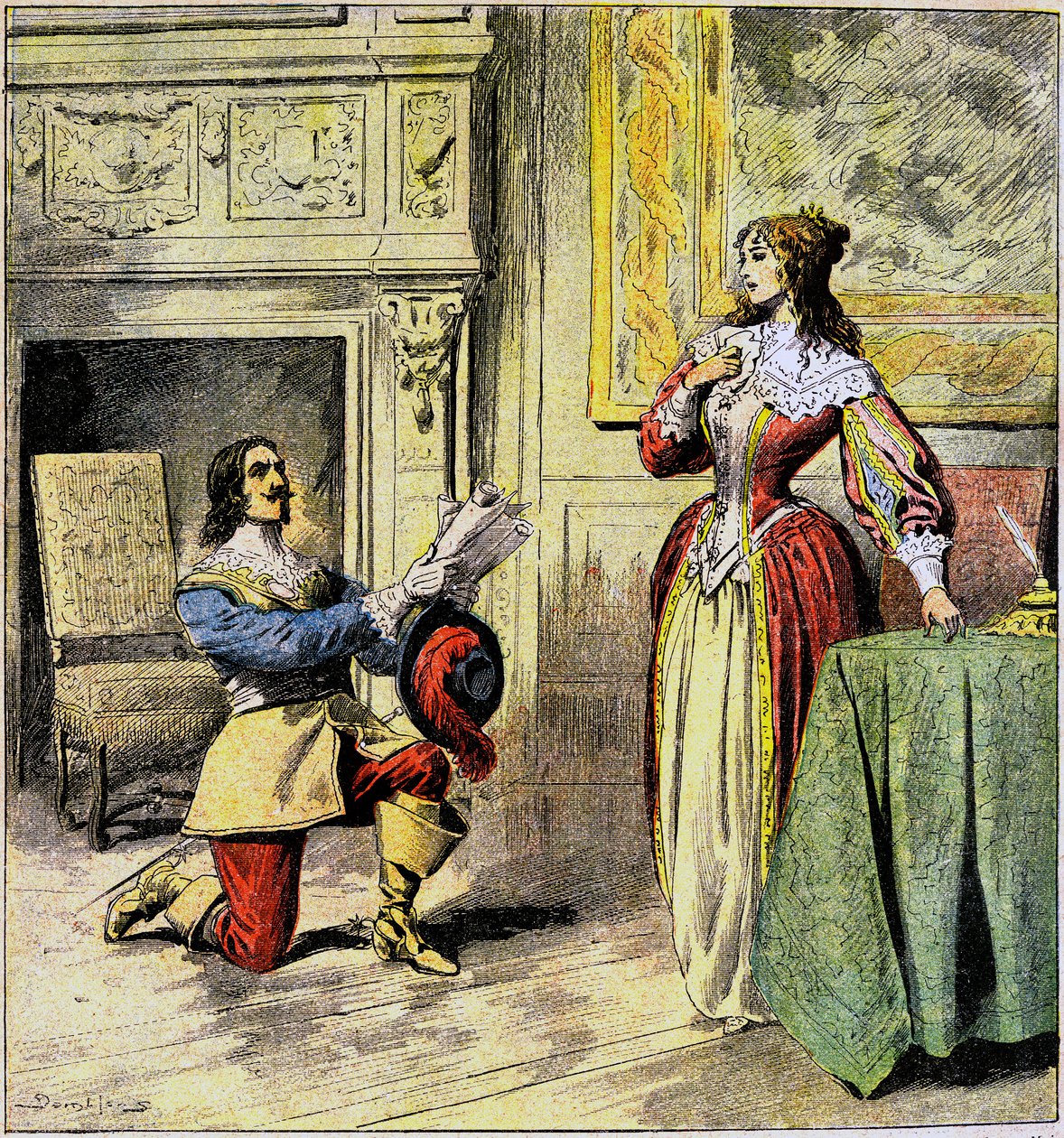 El mosquetero de Artagnan se arrodilla a los pies de la reina Ana de Austria para devolverle sus cartas - Ilustración de Damblans para la novela 