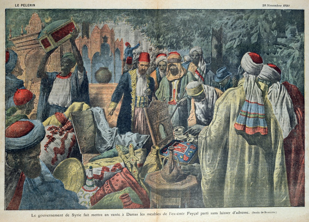 La venta por el gobierno sirio de los bienes del Emir Faisal (1883-1923) en Damasco, ilustración de la revista 