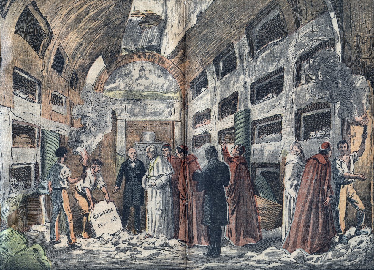 El arqueólogo Giovanni Battista de Rossi (1822-1894) hace que el Papa Pío IX visite la cripta de los Papas que acaba de descubrir (1852) - Ilustración de Damblans en "Le Pelerin" 1923 de Eugene Damblans