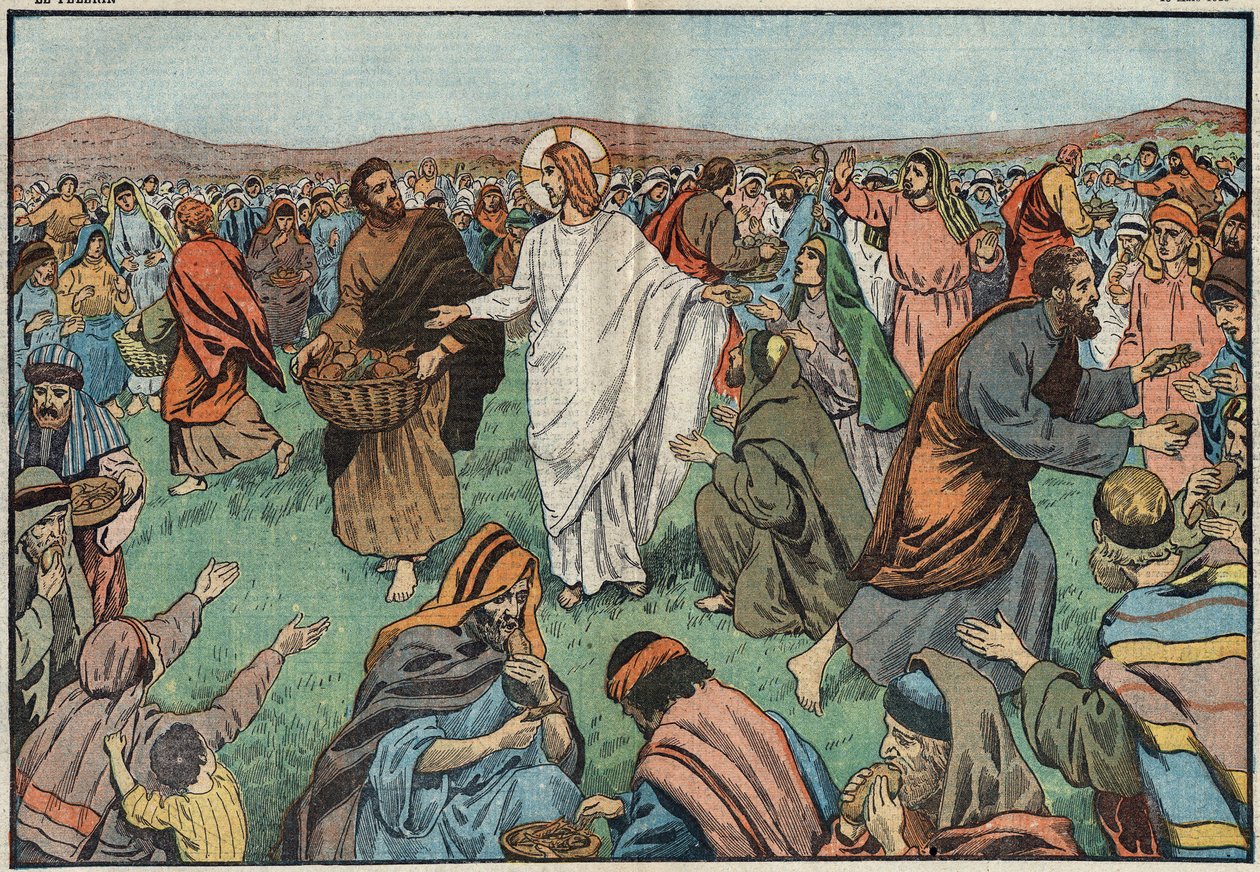 La multiplicación de los panes: en las orillas del lago Tiberíades, Jesucristo (Jesucristo) satisface a la población multiplicando cinco panes de cebada y dos peces. Ilustración de Damblans. En “Le Pèlerin” del 18 de marzo de Eugene Damblans