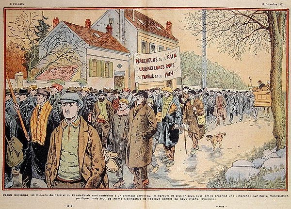 Mineros desempleados del norte de Francia y del Pas-de-Calais marchando hacia París, ilustración de "Le Pelerin". de Eugene Damblans