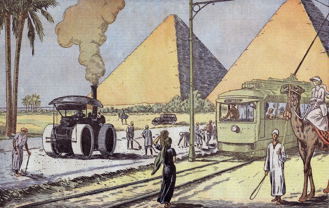 Vista de las pirámides de Giza en Egipto, ilustración de Eugene Damblans del periódico francés "Le Pelerin" del 1 de enero. de Eugene Damblans