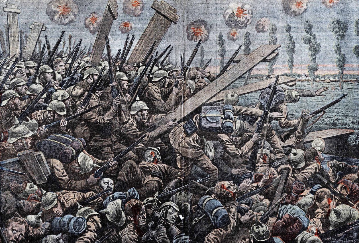 Guerra 1914-1918. Frente de Bélgica 1914. Soldados alemanes en el Yser. Dibujo de Damblans. de Eugene Damblans