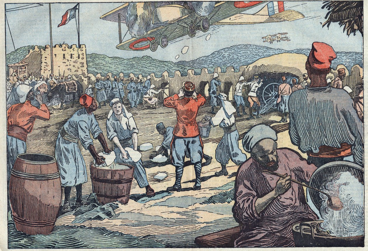 Guerra en Marruecos: aviones franceses suministran hielo a un bloque en asedio por disidentes marroquíes. Ilustración de Damblans. En "Le Pelerin" del 24 de mayo de Eugene Damblans