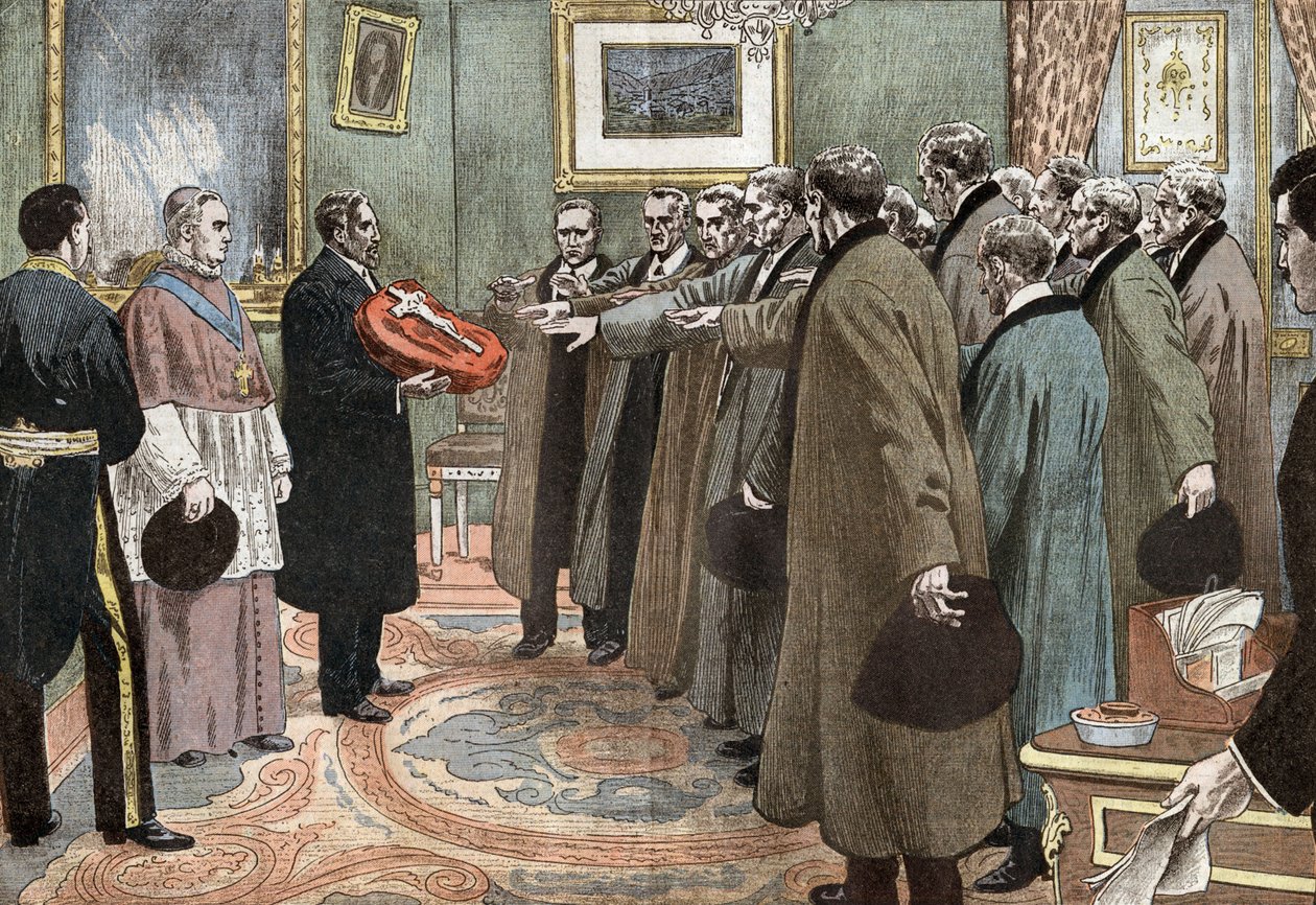 delegados de la república andorrana con el obispo de Urgel prestando juramento de obediencia a Francia, ilustración de Damblans del periódico "Le Pelerin" 3 de mayo de Eugene Damblans