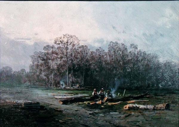 Paisaje brumoso con leñadores de Eugene Deshayes