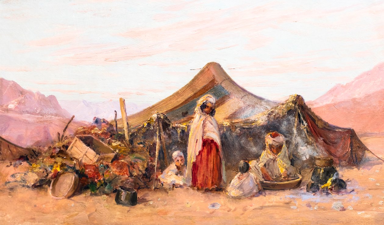 Campamento nómada en el sur de Argelia (óleo sobre madera) de Eugene Deshayes