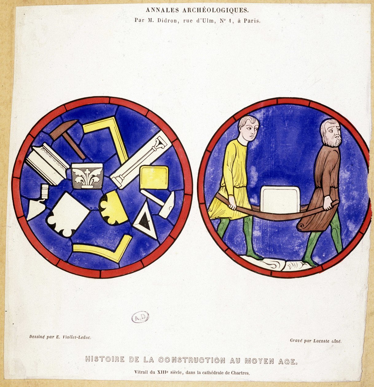 Historia de la construcción en la Edad Media: Facsímil de vitrales del siglo XIII, en la Catedral de Chartres - Dibujado por Eugene Viollet-le-Duc (Viollet le Duc) (1814-1879) y con varios símbolos masónicos de Eugene Emmanuel (after) Viollet le Duc