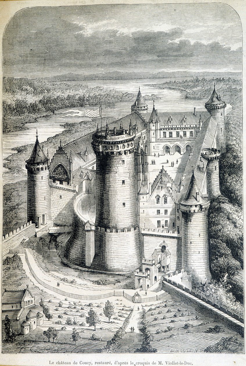 El castillo de Coucy, restaurado - grabado del boceto por Eugene Viollet-le-Duc (1814-1879) - en “Le Monde illustré” del 8/05/1858 de Eugene Emmanuel (after) Viollet le Duc