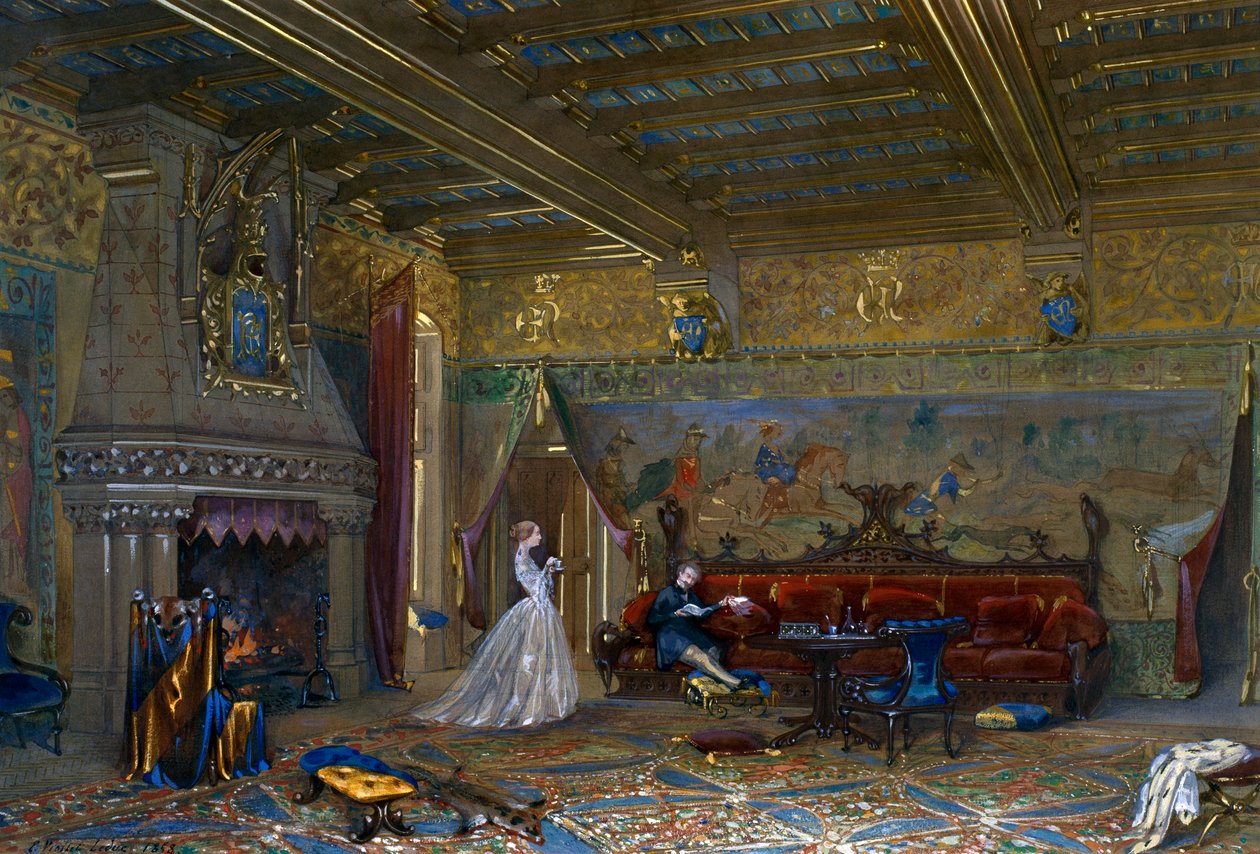 Diseño de una sala de estilo gótico para el Château de Pierrefonds, con el emperador y la emperatriz de Eugene Emmanuel Viollet le Duc