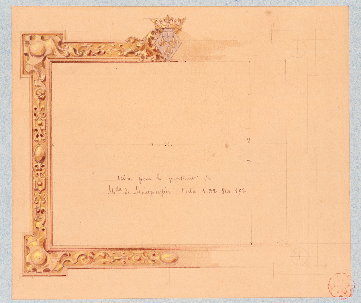 Diseño de la cornisa para el retrato de Mademoiselle de Montpensier, por Eugene Emmanuel Viollet-Le-Duc (1814-1879), dibujo en acuarela de Eugene Emmanuel Viollet le Duc