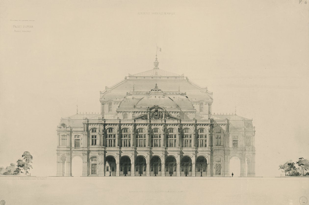 Francia, París, Diseños presentados por Viollet le Duc en competencia para la construcción de la nueva ópera de París de Eugene Emmanuel Viollet le Duc
