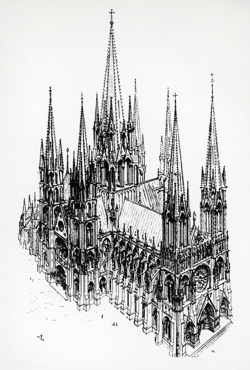 Vista isométrica de la catedral ideal, dibujo de Eugène Emmanuel Viollet-le-Duc del Diccionario de Arquitectura Francesa del siglo XI al XVI de Eugene Emmanuel Viollet le Duc