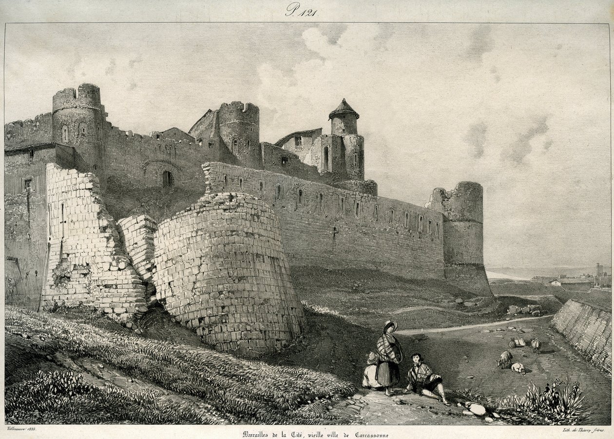 Carcassonne, muralla de la ciudad, muy dañada de Eugene Emmanuel Viollet le Duc