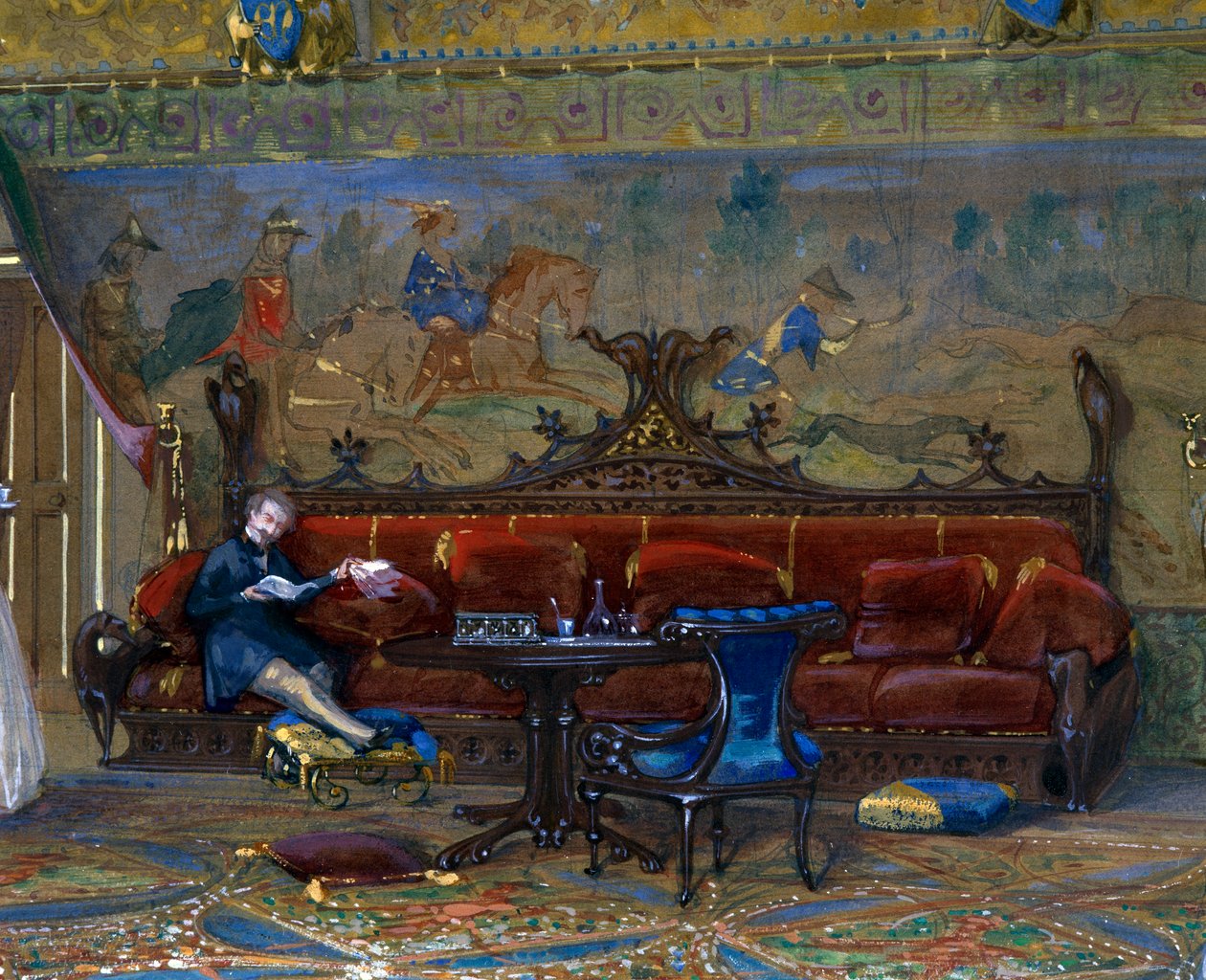 Diseño de una sala de estilo gótico para el Château de Pierrefonds, con el emperador y la emperatriz de Eugene Emmanuel Viollet le Duc
