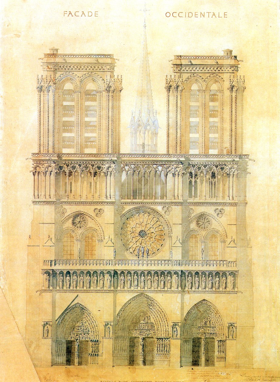 Proyecto de restauración de la fachada oeste de la catedral de Notre Dame en París con reconstrucción de la aguja en el cruce, 1843 de Eugene Emmanuel Viollet le Duc