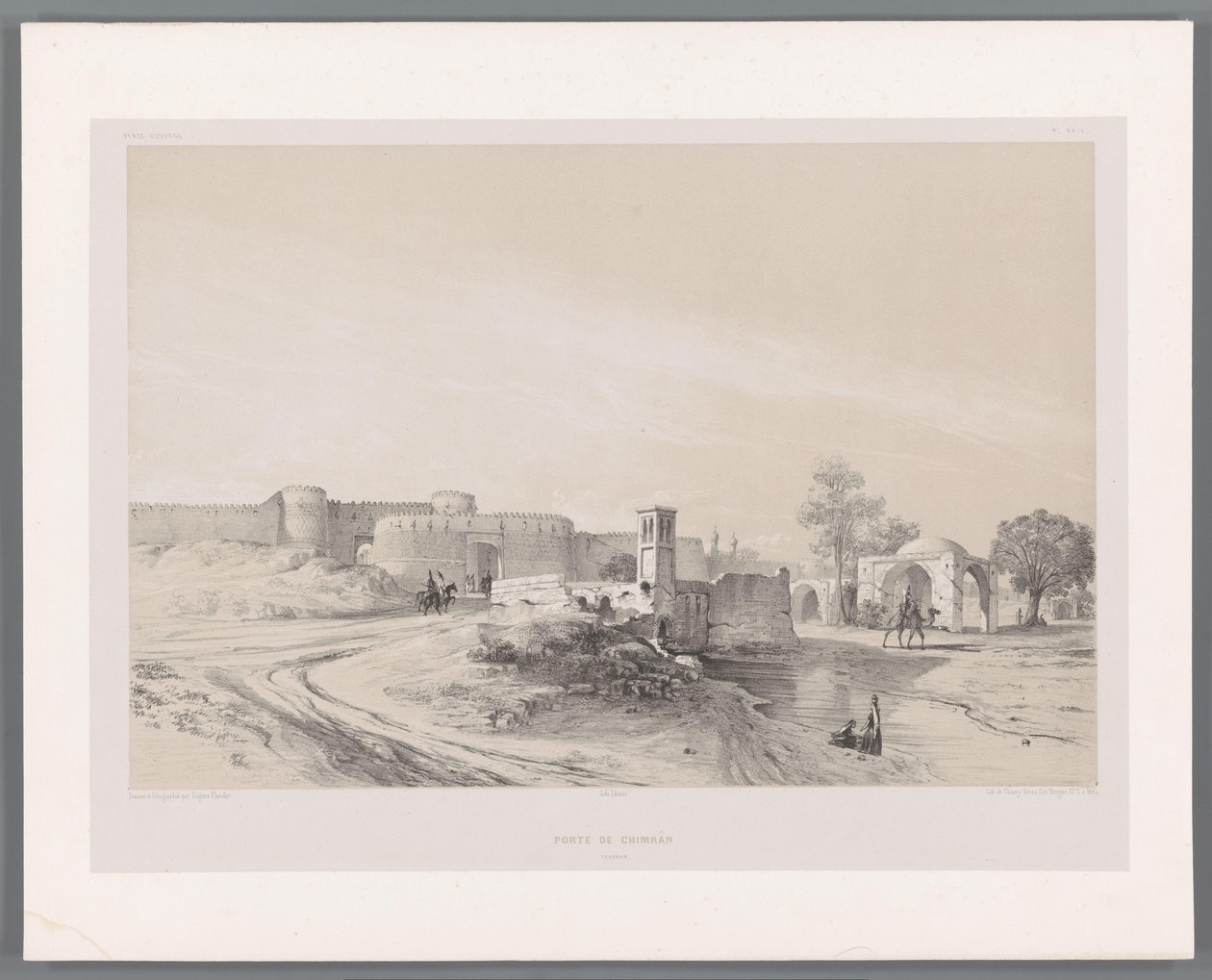 Puerta de Shemran en Teherán
Porte de Chimrân Teherán (título en el objeto)
Paisajes persas (título de la serie)
Perse moderne (título de la serie) de Eugene Flandin