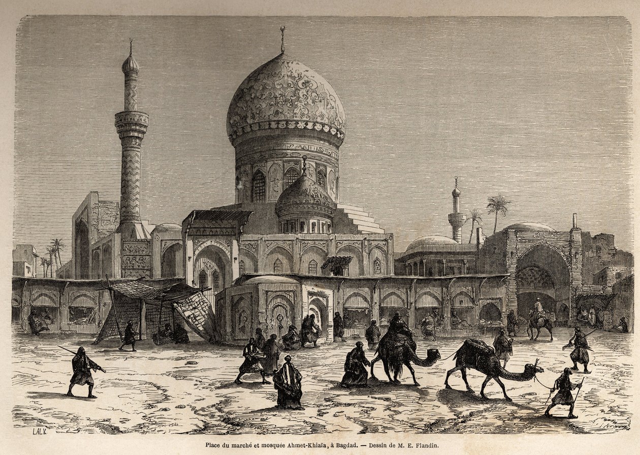 La Plaza Marche y la Mezquita Ahmet Khiaia en Bagdad, dibujo de Eugene Flandin (1809-1876), para ilustrar su viaje a Mesopotamia en 1840-1842. Grabado en “Le tour du monde” 1861. Colección de Selva. de Eugene Flandin