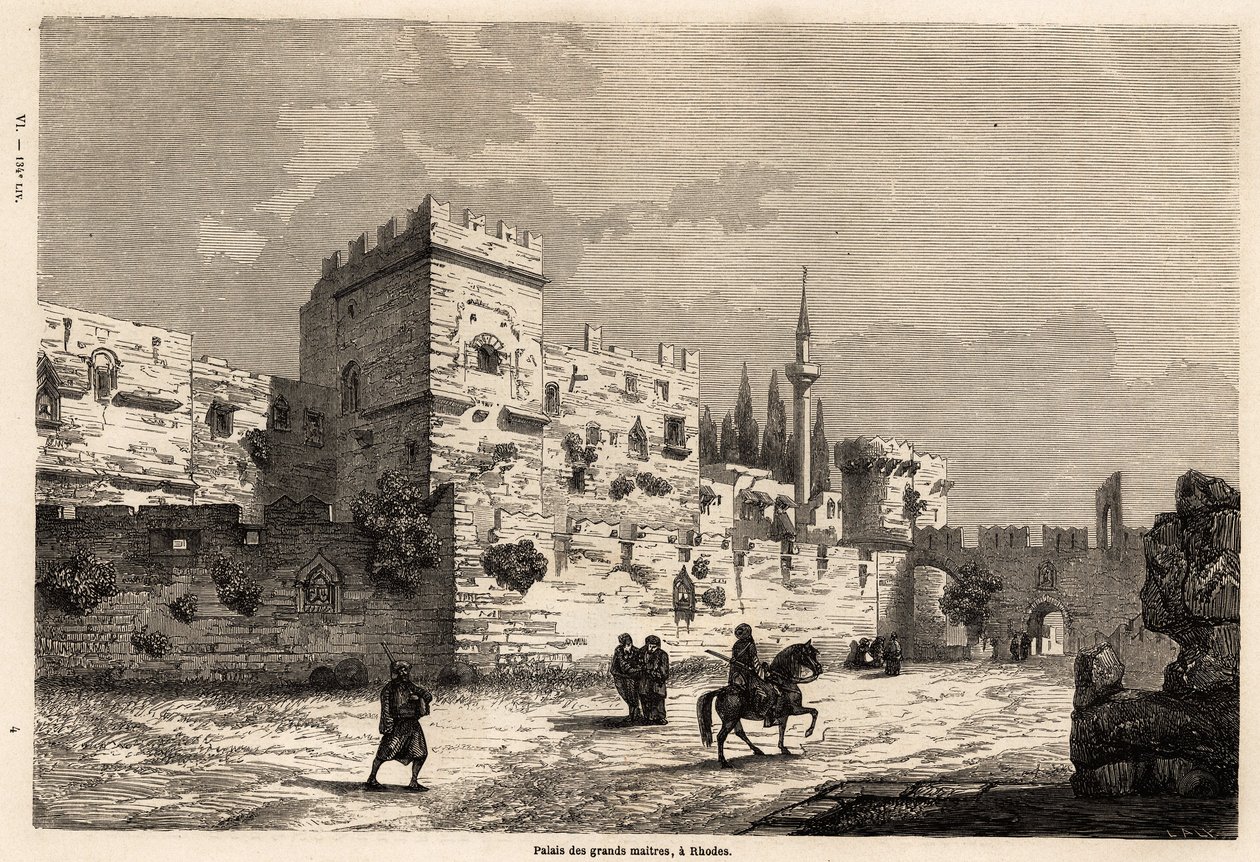 El palacio de los grandes maestros en Rodas, dibujo de Eugene Flandin, para ilustrar su viaje a la isla de Rodas en 1844. Grabado en "Le tour du monde", editado por Edouard Charton de Eugene Flandin