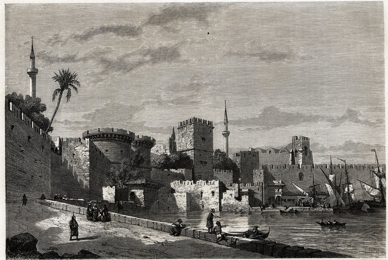 La vista del puerto de Rodas y la puerta de Aubusson, dibujo de Eugene Flandin, para ilustrar su viaje a la isla de Rodas en 1844. Grabado en "Le tour du monde", editado por Edouard Charton de Eugene Flandin