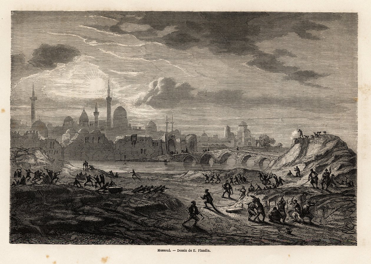 Vista de Mosul (Irak), en las orillas del río Tigris, dibujo de Eugene Flandin, para ilustrar la expedición a Nínive, de 1844 a 1860, de Vivian de Saint Martin. Grabado en “Le tour du monde”, editado por Edouard Charton de Eugene Flandin