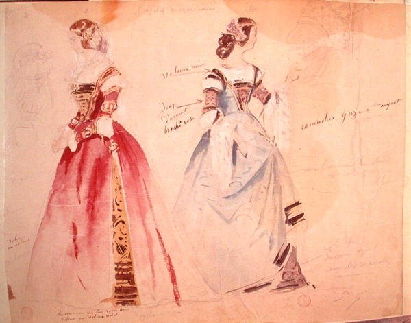 Dos diseños de vestuario femenino en la época de la creación de 