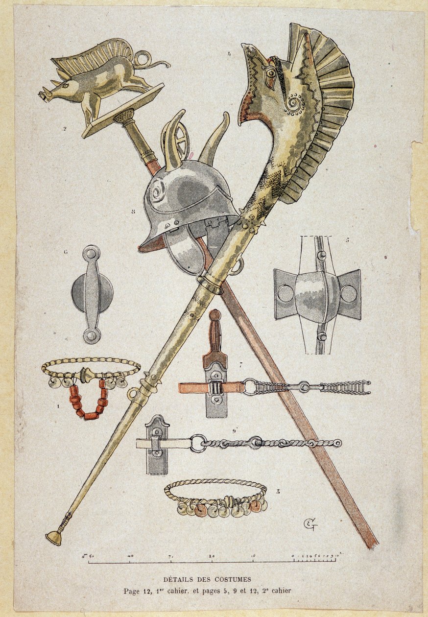 Accesorios del guerrero galo: estandarte decorando un saglier, el casco y el cuerno de guerra (carnyx) - en “Cuadernos de Enseñanza Ilustre, Trajes de Guerra de la Edad del Bronce y la Edad Gala”, ed. Grasset de Eugene Grasset