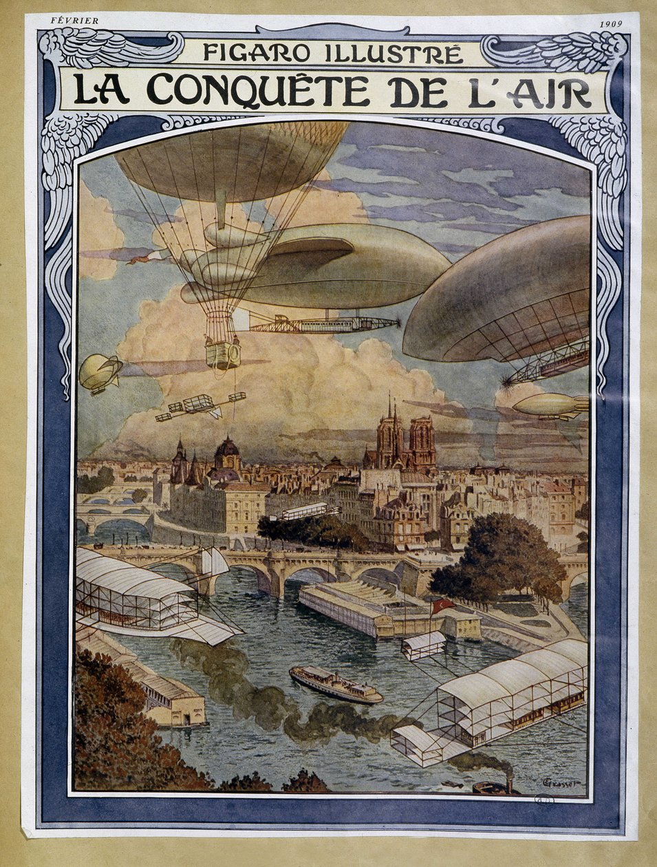Conquista del aire: dirigible, globo y globo aerostático sobre París - portada en "Figaro Ilustrado" de febrero de 1909 de Eugene Grasset